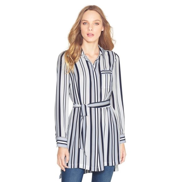 White House Black Market Black and White Long Stripe Waist Bow Shirt P1432